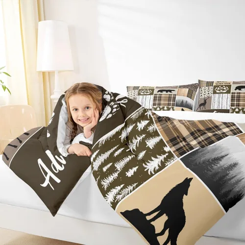 Miniatura 7 de Juego de edredón rústico para niños estilo granja de tamaño queen, juego de ropa de cama con diseño de astas de ciervo y huellas de oso, estampado a