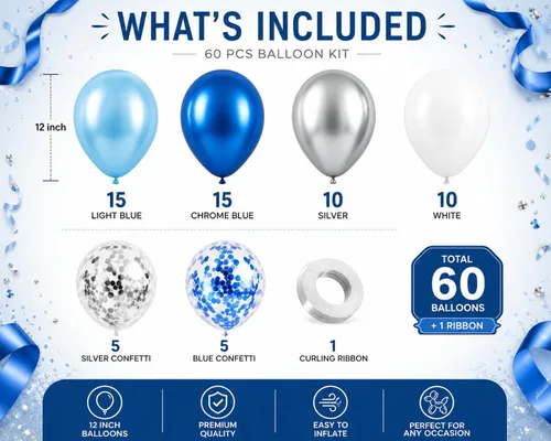 Miniatura 2 de Kit de guirnalda de globos azules y blancos plateados, 60 globos de látex de confeti azul cromado, blanco y plateado de 12 pulgadas para baby