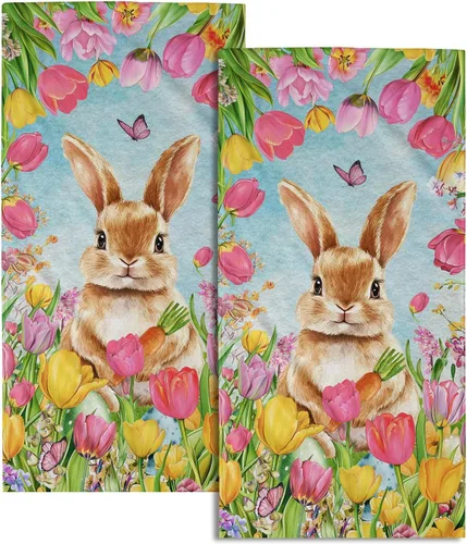 Miniatura 44 de Juego de 2 toallas de mano para el 4 de julio, 14 x 28 pulgadas, diseño patriótico de hojas florales rojas y azules, absorbentes y suaves