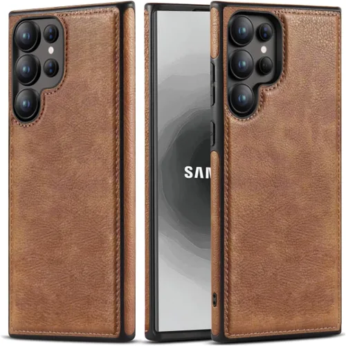 Diseño compatible con Samsung Galaxy S22 Ultra 5G, funda de cuero de lujo, delgada, antideslizante, agarre suave, a prueba de golpes, funda Marrón