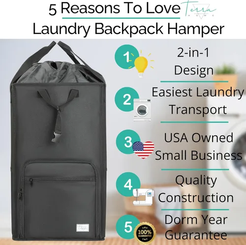 Miniatura 2 de TERRA HOME College Essentials - Mochila de lavandería de tamaño de viaje, portátil, duradera, plegable, bolsa de lavandería con bolsillos para Negro