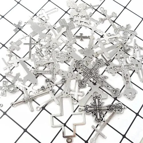 Miniatura 4 de Honbay 70 dijes de cruz mezclados de metal, chapados en plata antigua, joyería de cruz de Jesucristo, para manualidades, collares, aretes, pulseras