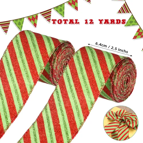 Miniatura 2 de 2 rollos de cinta de Navidad con puntos con alambre con rayas para envolver con alambre, cinta de tela colorida, cintas decorativas de Navidad