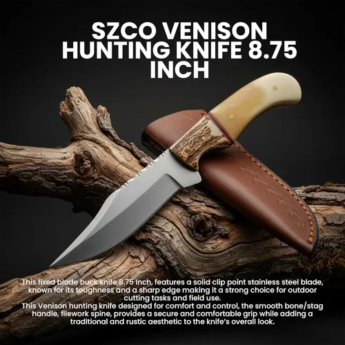 Miniatura 4 de SZCO Supplies 8.75" cuchillo de caza al aire libre del hueso del ciervo que acampa con la vaina de cuero