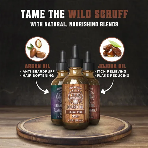 Miniatura 3 de Viking Revolution Aceite para barba para hombre, paquete de 3 unidades, juego variado de aceite natural para barba para hombre, aroma de sándalo