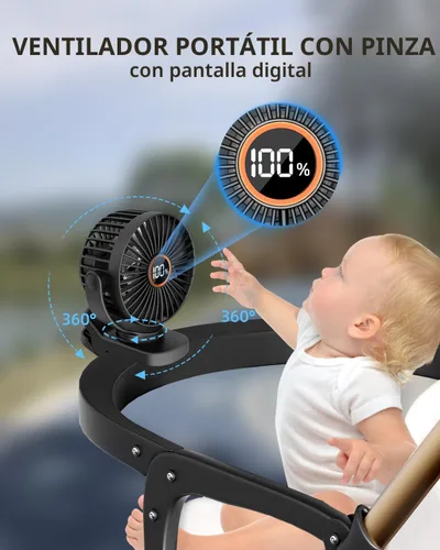 Miniatura 2 de TUNISE Mini ventilador con clip, ventilador de escritorio a pilas, pantalla digital, 3 velocidades ajustables, bidireccional ajustable de 360 °