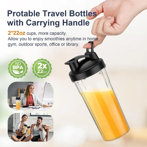 Miniatura 3 de KOIOS Licuadora de batidos, licuadora personal de 900 W para batidos y licuados de cocina con 2 tazas portátiles sin BPA de 22 onzas, mezclador