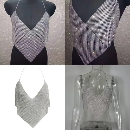 Miniatura 7 de Women Sexy Shiny Rhinestone Tank Top Deep V Neck Halter Metal Body Chain Crop Top Shirt for Night Club Party Rave Outfit