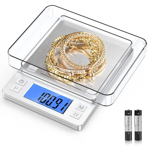 BOMATA Báscula de joyería de alta precisión de 0.00 oz, báscula digital de 35.27 oz con función de sujeción, tara y conteo, diseño pequeño y Plateado