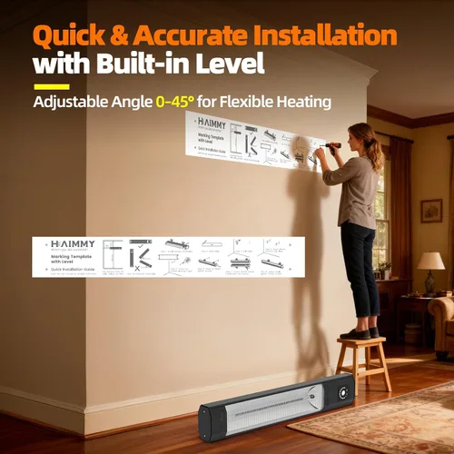 Miniatura 8 de Calentador eléctrico infrarrojo para patio de 34 pulgadas y 1500 W montado en la pared con control remoto y sensor de movimiento, 9 niveles
