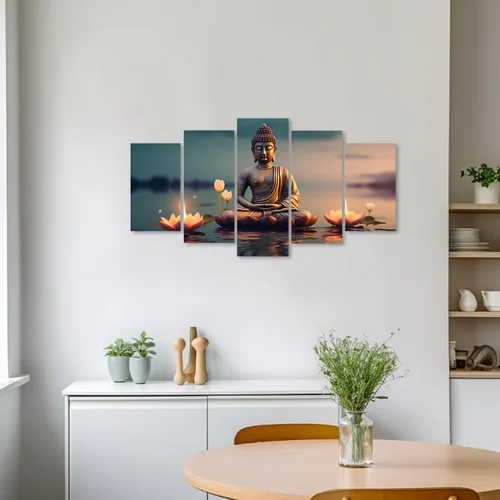 Miniatura 4 de ZXHYWYM Lienzo decorativo para pared, 5 piezas, estatua de Buda, pintura de loto, imágenes de loto, obras de arte de spa zen para oficina, 1