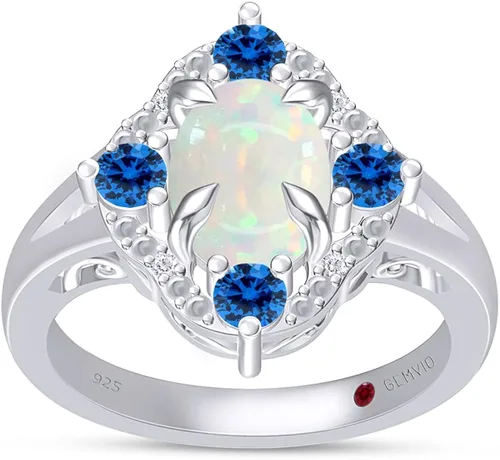 Gemvio Colección Halo - Anillo de compromiso con diseño vintage, ópalo blanco natural de corte ovalado de 0.354 x 0.276 in y topacio azul suizo con