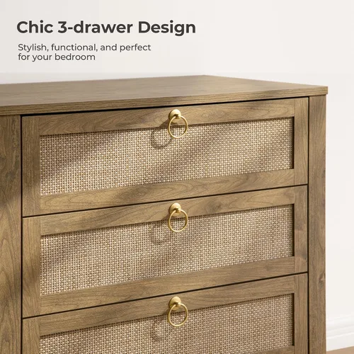 Miniatura 3 de SICOTAS Mesita de noche con cajones, mesa de noche grande de ratán con tirador dorado, mesita de noche de 3 cajones, mesa auxiliar alta, mesa