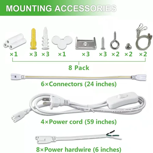 Miniatura 6 de Skymoatled Paquete de 8 luces LED de garaje de 8 pies, luz blanca de 100 W, 6000 K, 15000 lm, súper brillante, montaje en superficie, luces LED T8