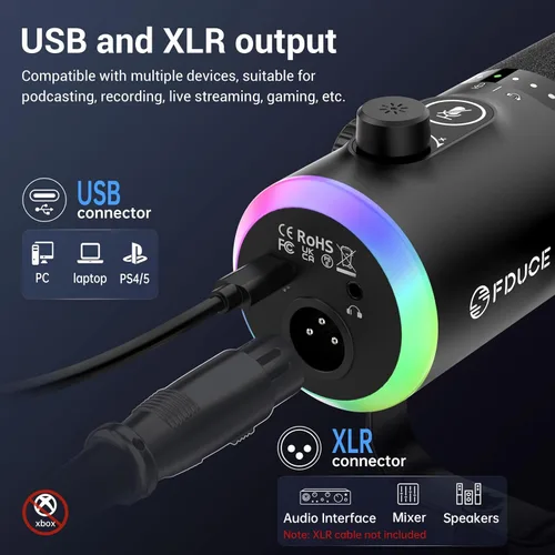 Miniatura 3 de FDUCE - Kit de micrófono de juego USB/XLR, micrófono dinámico para PC con RGB para podcasting y transmisión, kit de micrófono de computadora RGB