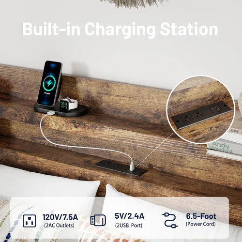 Miniatura 5 de Base de cama tamaño matrimonial con cabecera de almacenamiento, base de cama de plataforma con estación de carga y luces LED, listones de madera