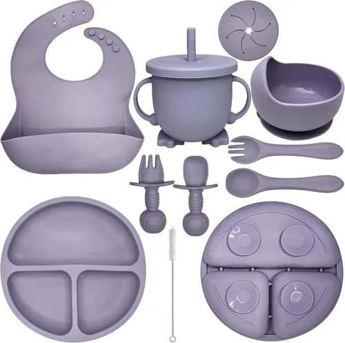 Miniatura 11 de HippoBaby Suministros de destete para bebés Juego de alimentación para bebés de silicona de 10 piezas, babero para bebé y niño pequeño, taza