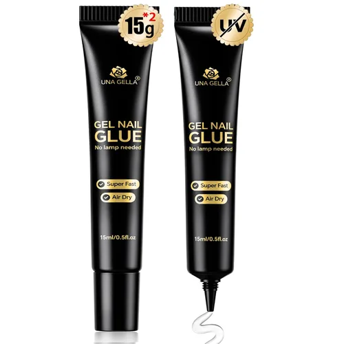 UNA GELLA Pegamento de uñas de gel fuerte sin U V, 0.53 oz* 2 piezas de pegamento de uñas para prensa, no necesita lámpara, uñas semisólidas de