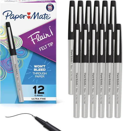 Paper Mate Flair - Bolígrafos de punta de fieltro ultra fina (0.016 in), color negro, 12 unidades, perfectos para una escritura precisa y expresiva