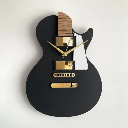 goodtime Reloj de guitarra, negro y dorado, moderno, reloj silencioso, 11 x 15 pulgadas, acrílico, roble, tema musical, mecanismo de cuarzo, regalo