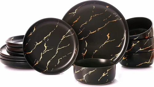 Miniatura 12 de Pokini Juego de vajilla de porcelana, juego de 12 platos y cuencos de porcelana de lujo, juego de platos verdes con borde dorado para boda