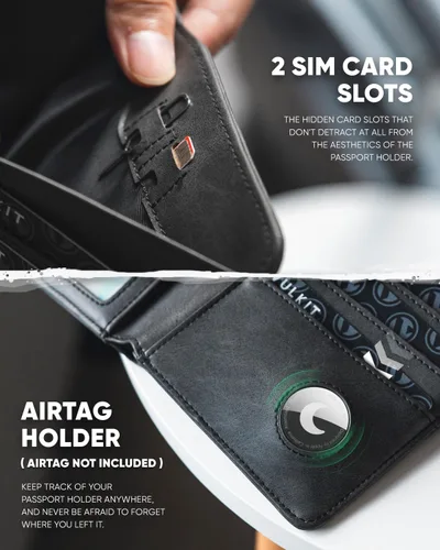 Miniatura 4 de VULKIT Cartera de pasaporte compatible con Airtag Holder Bifold Travel Card Holder, Negro