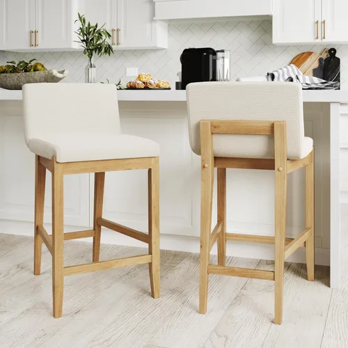 Miniatura 37 de Nathan James - Gracie - Moderno taburete alto con respaldo, silla alta tapizada con lino texturizado natural y patas de madera cepillada - Marrón