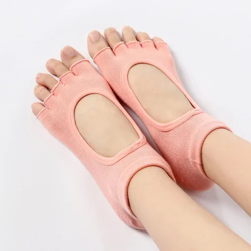 Miniatura 4 de Calcetines de yoga sin dedos para mujer, calcetines de pilates con agarres, de algodón, antideslizantes, con puntera abierta, para pilates, barra