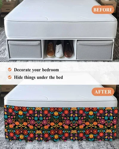 Miniatura 6 de Falda de cama floral colorida tamaño King de 18 pulgadas de caída, ajustable y elástica envolvente, plisada, con volantes de polvo de lujo para cama