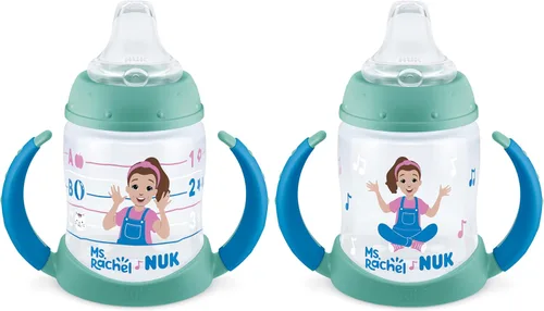 NUK Taza de Aprendizaje, Ms. Rachel, 5 oz, 6+ Meses, Paquete de 2 – Boquilla Suave, Asas de Fácil Agarre, Sin BPA, Taza Sippy de Transición a Prueba