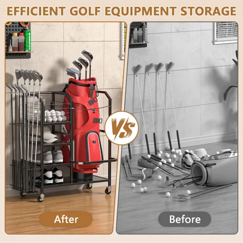 Miniatura 3 de Golf Bag Storage Organizer for Garage, Single Golf Bag Garage Organizer with Golf Club Rack, Shoe Shelves & Ball Storage, Rolling Golf Storage Rack