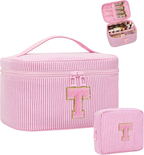 Miniatura 12 de Juego de bolsas de maquillaje con iniciales para niñas y mujeres, bolsa de cosméticos con monograma con soporte para cepillos, estuche de maquillaje