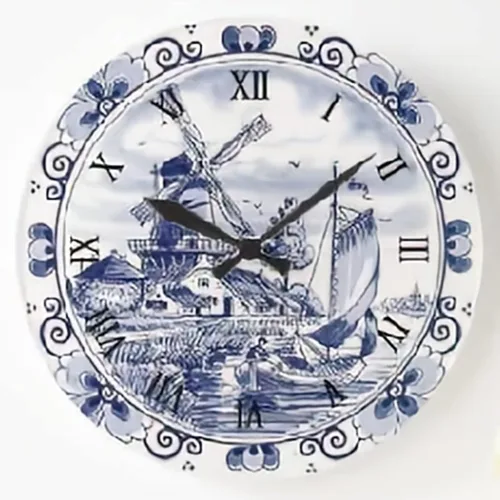 Reloj de pared con molino de viento holandés de vela, reloj de pared grande con tinta azul Delft, decoración de pared, 15 pulgadas, funciona con