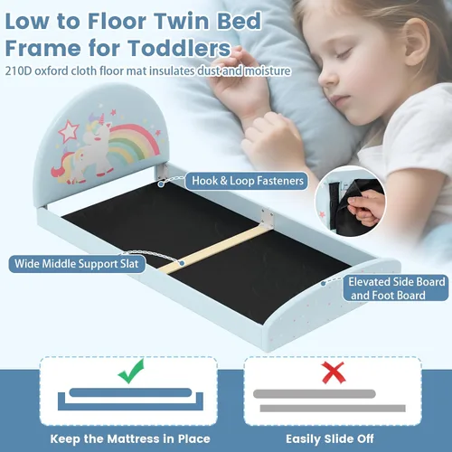 Miniatura 5 de Costzon - Base de cama individual para piso, cama tapizada para niños con alfombra de tela Oxford 210D, soporte central y tablas acolchadas, cama