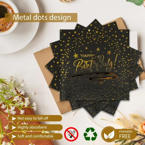 Miniatura 4 de 72 PIEZAS Platos y Servilletas de Feliz Cumpleaños Suministros para Fiestas, Platos y Servilletas de Papel con Puntos Negros y Dorados con Tenedores