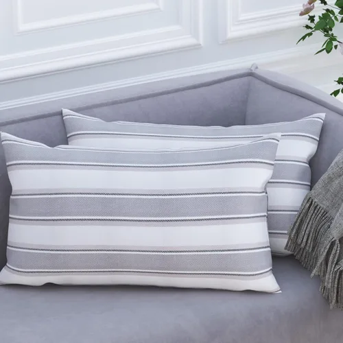 Miniatura 27 de 2 Piezas Fundas de Almohada Azul Marino Blanco a Rayas de Lino Suave Cuadradas Funda de Almohada Decorativa para Sofá con Cierre Oculto - 30,5 x