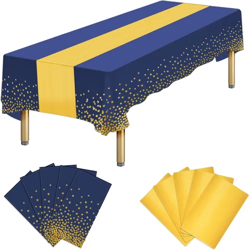 Miniatura 16 de Paquete de 10 manteles rectangulares de plástico y camino de mesa de satén, mantel desechable negro rectangular y dorado para cumpleaños
