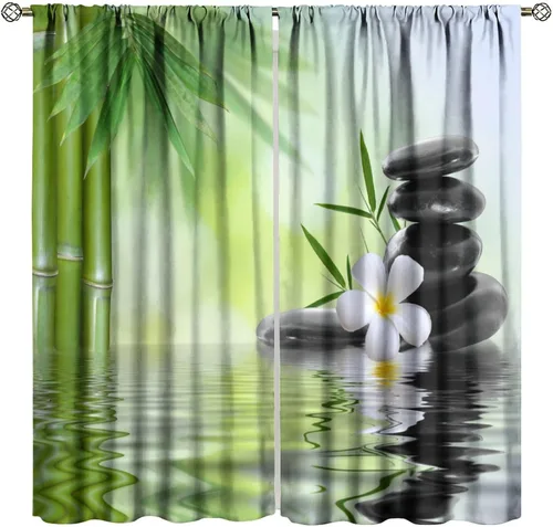 Miniatura 24 de Cortinas con estampado de bambú verde natural, plantas asiáticas, japonesas, tallos rústicos, hojas, cortina de selva con bolsillo para cortinero