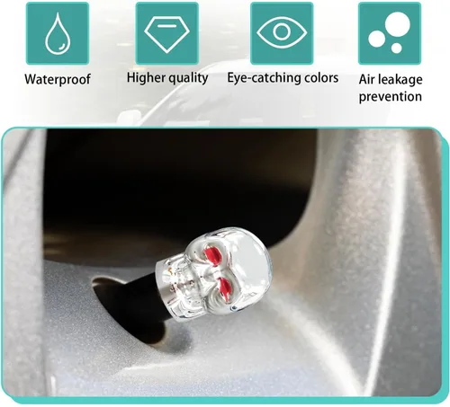 Miniatura 5 de Dickno 5 tapas de vástago de válvula de neumático estilo calavera con anillo de goma, cubiertas de tapones de aire de coche con ojos rojos, tapas