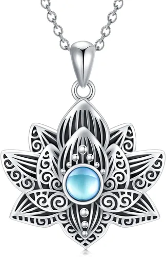 YAFEINI Buddha Lotus Necklace Sterling Silver Moonstone Lotus Flower Pendant Yoga Spiritual Jewelry Gifts for Women