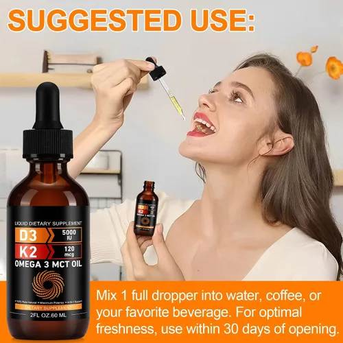 Miniatura 6 de Daiasns Vitamina D3 5000 UI y K2 (MK-7) 120 mcg 2.0 fl oz gotas con aceite MCT Omega 3, suplementos líquidos de vitamina D3 y K2 - Suministro de 2