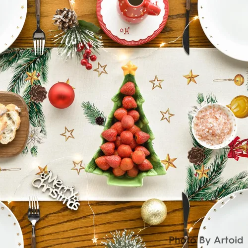 Miniatura 4 de Artoid Mode Bolas de Navidad con diseño de bolas de Navidad, Pino y Poinsettia, Camino de mesa de Navidad, decoración de mesa de comedor
