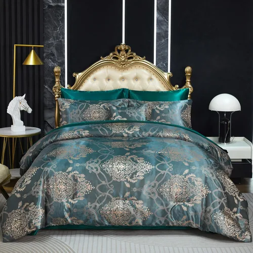 Juego de edredón Queen de jacquard verde, juego de sábanas, elegante juego de ropa de cama de 8 piezas bordado, diseño floral neoclásico, decoración