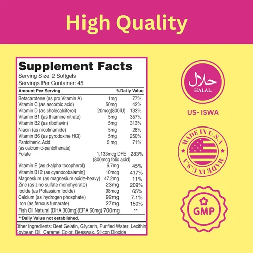 Miniatura 5 de Greenfield Nutritions - Vitaminas prenatales halal con DHA y ácido fólico, multivitamínico prenatal esencial para el embarazo con hierro, contiene