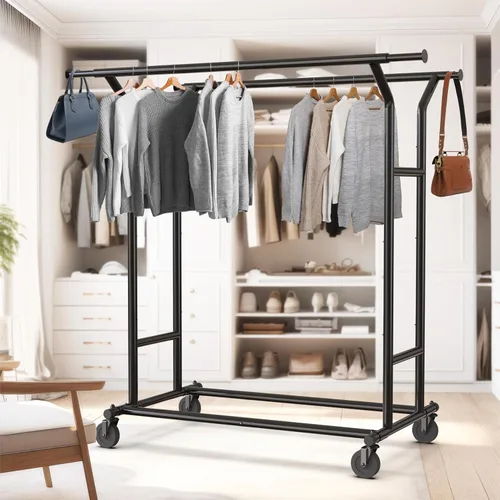Miniatura 4 de Simple Houseware - Perchero de ropa de doble riel resistente, color negro, con capacidad de hasta 200 lbs, varilla extensible de 43 a 67 pulgadas