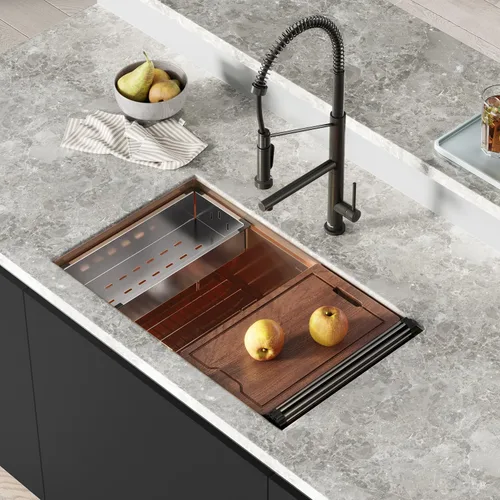 Miniatura 2 de Tourner - Fregadero con estación de trabajo de cocina de acero inoxidable de 32 x 19 pulgadas, color oro rosa