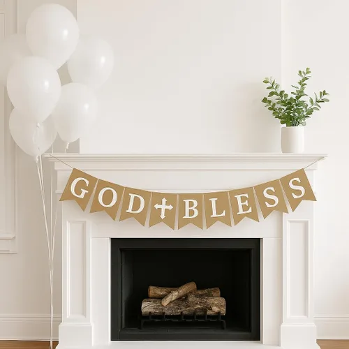 Miniatura 2 de Cartel de arpillera "God Bless" – Decoración cristiana rústica para baby shower, bautismo, bautismo y primera comunión (impresión blanca)