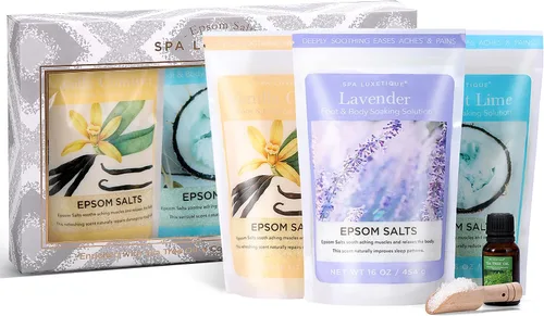 Sales de baño para mujer, sales de Epsom Spa Luxetique para remojar, set de regalo de 3 piezas de sales de baño, aromas de lavanda, vainilla y coco