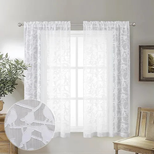 OVZME Anji Bird Cortinas traslúcidas blancas de 45 pulgadas de largo, juego de 2 paneles para ventana pequeña, cortinas de privacidad con bolsillo