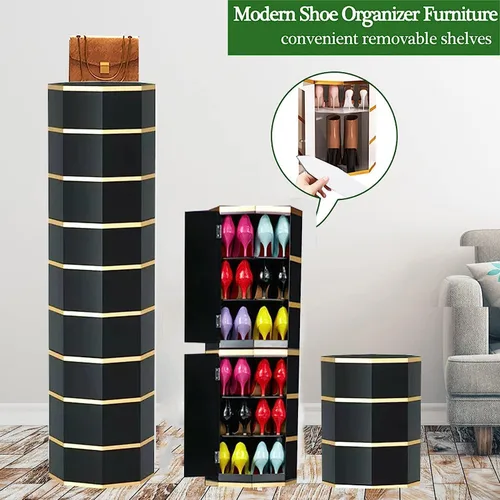 Miniatura 4 de Estantes Zapatero Zapatero 360° giratorio 3/6/9 niveles Gabinete de zapatos de metal con puertas de adsorción Estante redondo giratorio para zapatos